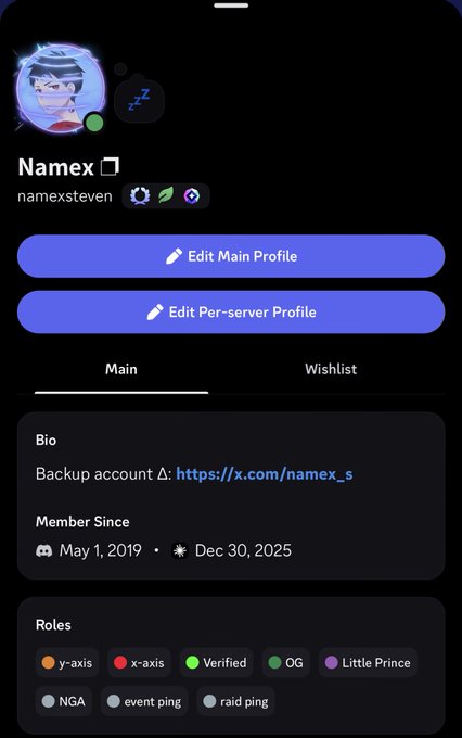 A Discord profile page for 'Namex' (namexsteven) shows a member since May 1, 2019, with various roles including y-axis, x-axis, Verified, OG, and Little Prince.
