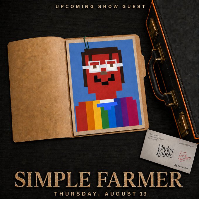 A promotional poster featuring a pixel-art character in a rainbow shirt inside a leather briefcase, with text reading 'UPCOMING SHOW GUEST', 'SIMPLE FARMER', and 'THURSDAY, AUGUST 13', alongside a Market Bubble business card.