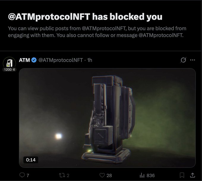 A screenshot of a tweet from @ATMprotocolNFT, verified with a blue checkmark and showing a 1200 mint price, displaying a 3D-rendered futuristic mechanical object against a green nebulous background.