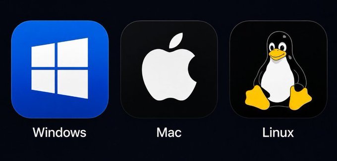 Three rounded square app icons are displayed side-by-side on a dark background: the blue Windows logo labeled "Windows," the white Apple silhouette labeled "Mac," and the Tux penguin mascot labeled "Linux"—visually presenting the three major desktop operating system choices, with the post enthusiastically favoring the Linux option.