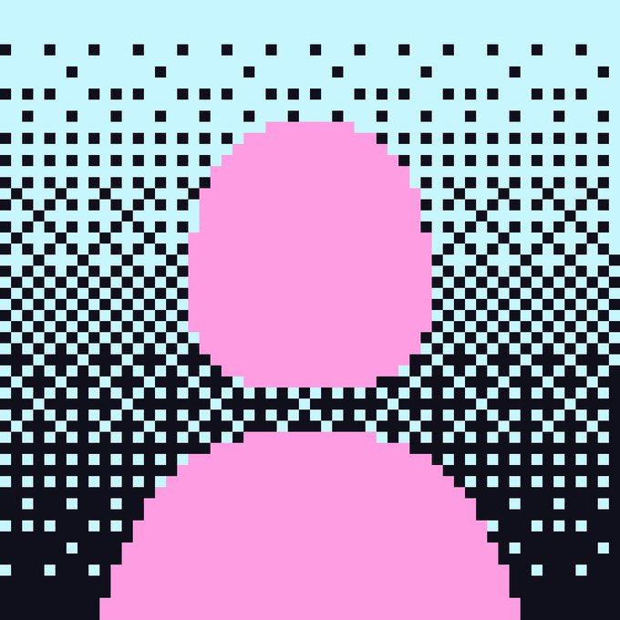 A pixel art image featuring a pink circular shape above a pink triangular base, set against a light blue background with a black and blue checkered pattern.
