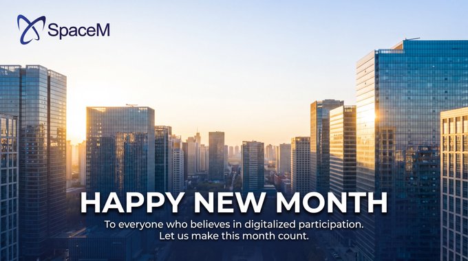 A promotional banner featuring the 'SpaceM' logo over a background of modern glass skyscrapers at sunset, with the text 'HAPPY NEW MONTH' and a message about digitalized participation.