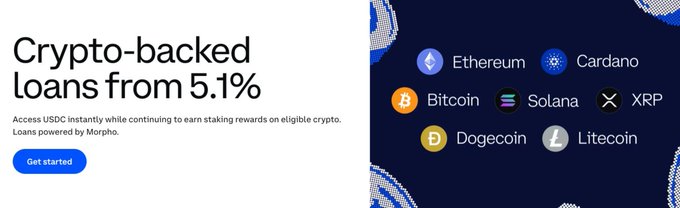 An advertisement for crypto-backed loans starting from 5.1%, mentioning access to USDC while earning staking rewards on eligible crypto, powered by Morpho, alongside logos for Ethereum, Cardano, Bitcoin, Solana, XRP, Dogecoin, and Litecoin.
