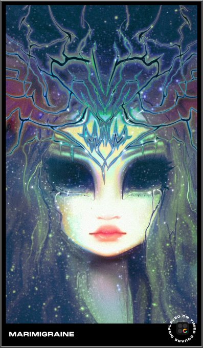 Surreal digital portrait of a figure with closed eyes and elaborate green branching forms emerging from the head, labeled 'MARIMIGRAINE' and 'BASED ON TRENDS BASED'.