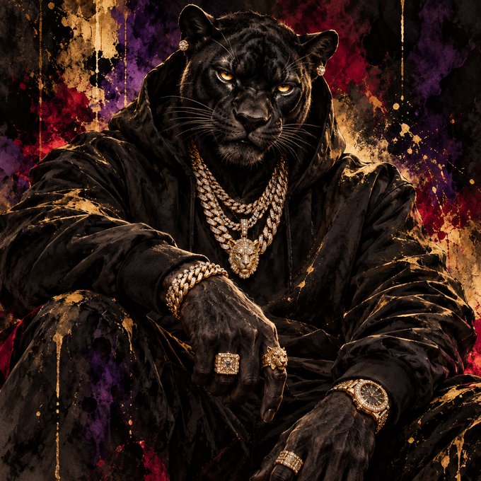 A stylized digital artwork of a black panther wearing gold chains and diamond rings against a vibrant purple, red, and gold splattered background.