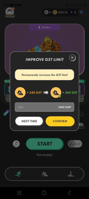 A mobile game screen displays an 'IMPROVE GST LIMIT' popup offering to permanently increase the limit from 340 GST to 360 GST for a cost of 1000 GMT, with 'CONFIRM' and 'NEXT TIME' buttons.