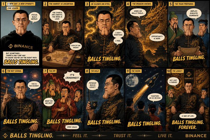 A 10-panel Binance comic-style advertisement titled 'A New Day, A New Dynasty' featuring a recurring character with the catchphrase 'BALLS TINGLING,' ending with the slogan 'FEEL IT. TRUST IT. LIVE IT.'