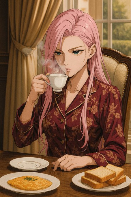 The image features an anime character, possibly a girl or a woman, sitting at a dining table with plates of food and a cup of tea. The character appears to be enjoying her breakfast, which includes toast and a beverage. There are two cups on the table - one containing the tea for the character and another empty. A plate of bread is also present on the table.