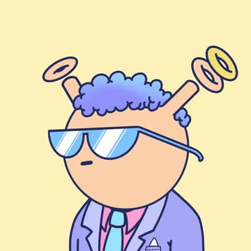 A cartoon character with fluffy purple/blue hair wearing blue sunglasses and a purple suit with a blue tie and what appears to be a small rocket or spaceship pin.