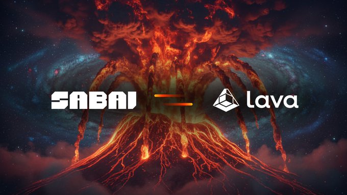 A dramatic illustration of an erupting volcano with flowing lava is set against a cosmic background, featuring the logos 'SABAI' and 'Lava' separated by an equals sign.