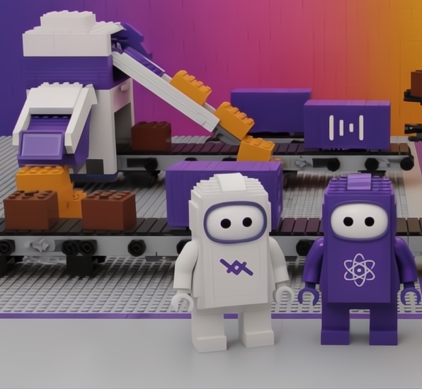 The image features two Lego minifigures, one wearing a white suit with "X" symbols and the other dressed in purple with "UBI" written on their back. They are standing next to each other against a backdrop of a train set that includes a train car and a conveyor belt. The background is painted in shades of purple and orange, creating an interesting color palette for the scene. The image also contains text related to UBI and investing in cryptocurrency, which suggests that this Lego minifigure could be promoting financial literacy or encouraging people to invest their money instead of keeping it idle.