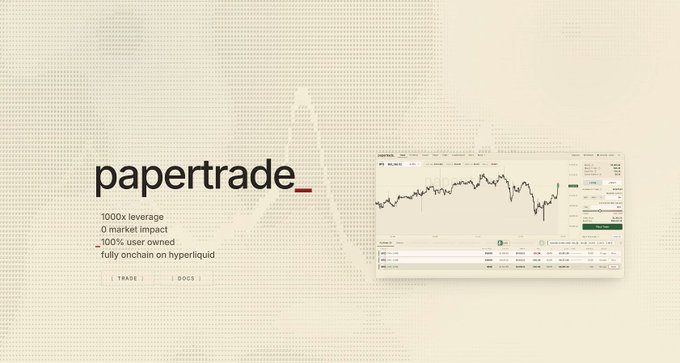 A minimalist advertisement for 'papertrade' highlighting features like '1000x leverage,' '0 market impact,' and '100% user owned,' alongside a screenshot of a trading interface.