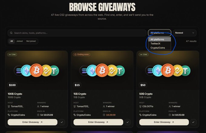 The image shows a "Browse Giveaways" page from CS2Slop.com displaying 47 live CS2 giveaways, with a platform filter dropdown highlighted showing options for "All platforms," "Twitter/X," and "CryptoCoins." Three giveaway cards are visible, all offering crypto prizes ($100, $15, and $50) with values in tokens like "10$ Crypto," "1$ Crypto," and "50$ Crypto," hosted on the CryptoCoins platform, illustrating the post's announcement about consolidating crypto giveaways into one filterable location.
