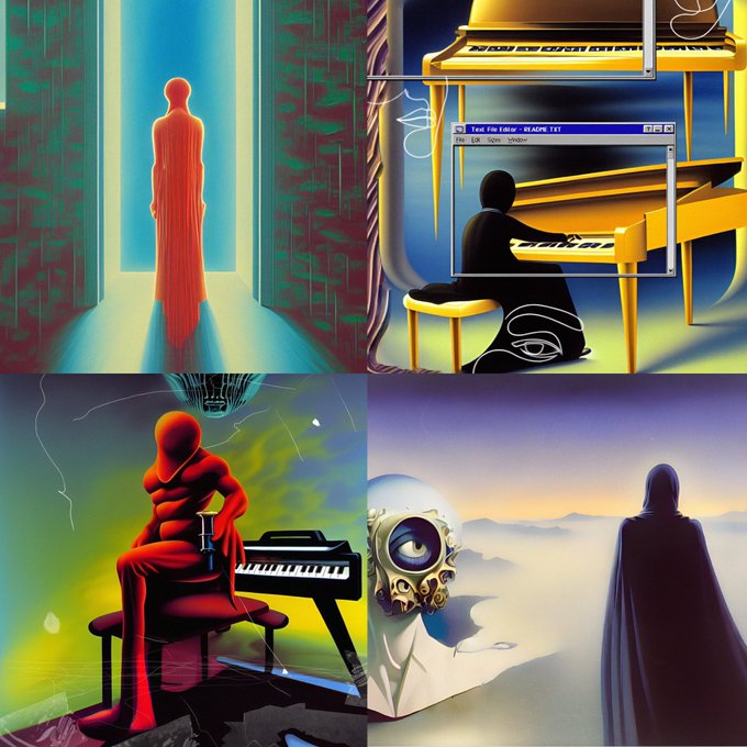 The image is a 2x2 collage of AI-generated surreal art: top-left shows a glowing orange figure walking through a cyan doorway; top-right depicts a faceless silhouette playing a golden piano beneath a "TeeZee Editz - DEADME TEXT" computer window; bottom-left features a hooded figure in red sitting at a keyboard; and bottom-right shows a dark cloaked figure beside an ornate eye on a cliffside, fitting the user's request to "show me your tezos art."