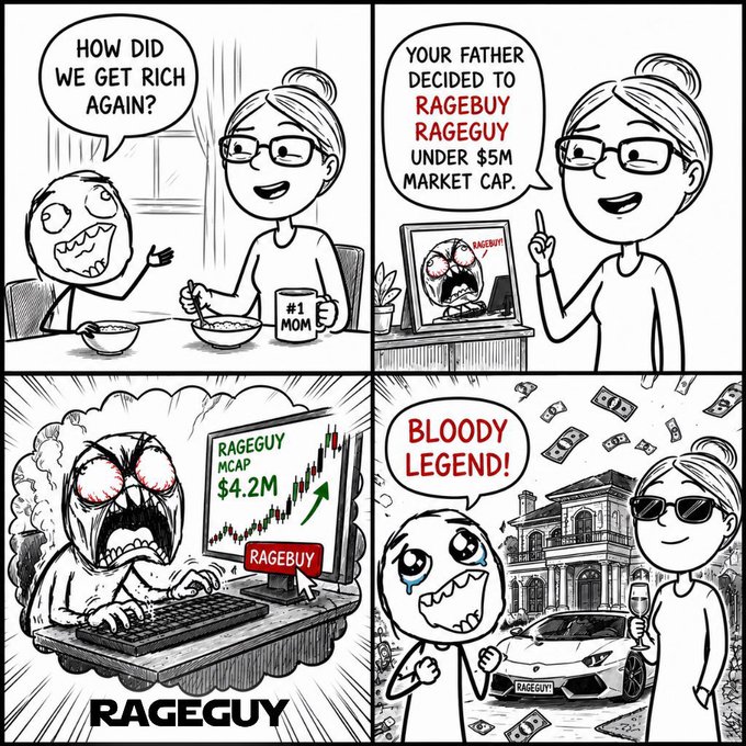 A comic strip features a woman and a child, with the woman explaining to the child how to invest in RageGe Guy stock using a computer screen displaying a graph of the stock's performance over time.