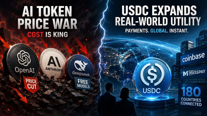 The image features two poster designs depicting a crypto market scene, with contrasting elements related to cryptocurrency tokens. On one side, there's a poster advertising an AI token price war where USDC has just expanded its real-world utility, while on the other side, there's another poster promoting USDC to expand payments in global markets for USDC tokens. The juxtaposition of these two posters creates a sense of tension between the two cryptocurrency initiatives and highlights their diverging approaches within the crypto market ecosystem.