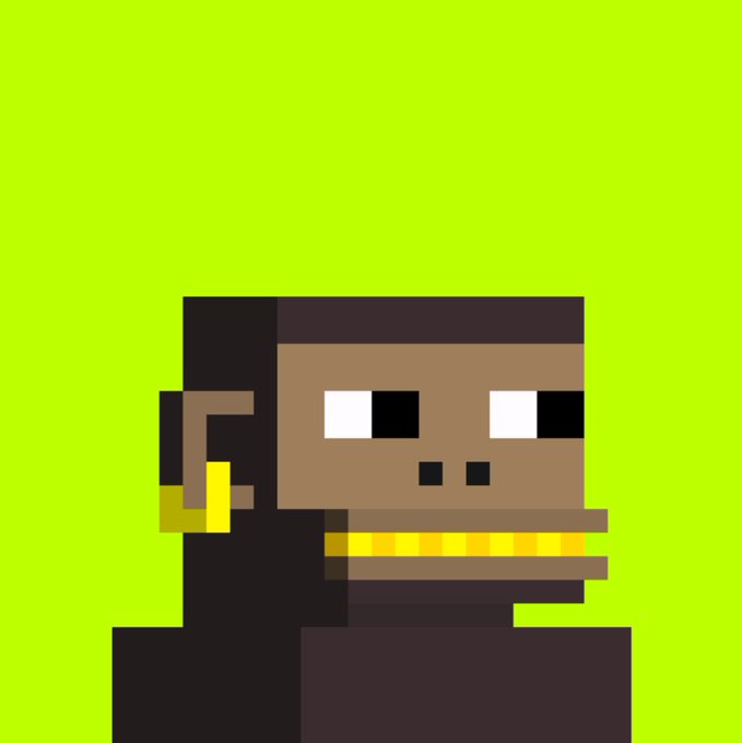 A pixel art illustration of a dark-skinned character with a wide grin against a bright green background.