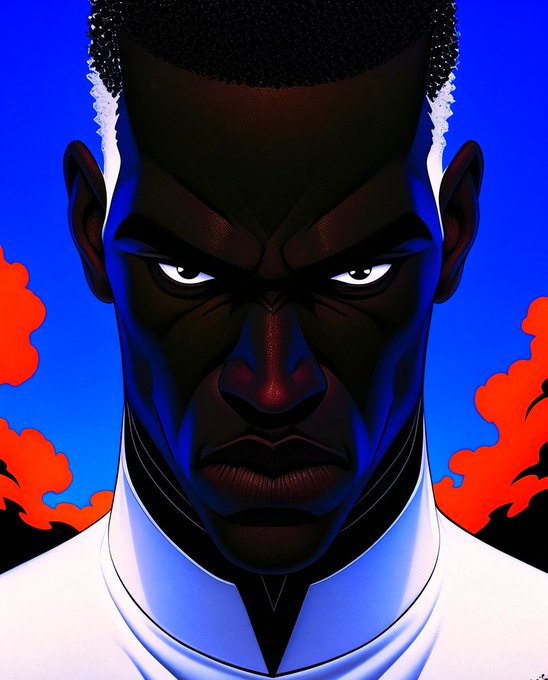 A bold illustrated portrait of a man with a flat-top haircut and an intense expression, set against a vibrant blue and red background.