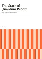 The image features an open book with a white background, displaying the title "State of Quantum Report" at the top. The cover has orange stripes running horizontally across it, creating a striking contrast against the white background. Below the title, there is text that reads, "What does Bitcoin have to offer? Well, I don't know." This message seems to be related to the content of the book and possibly serves as an introduction or summary for the report.