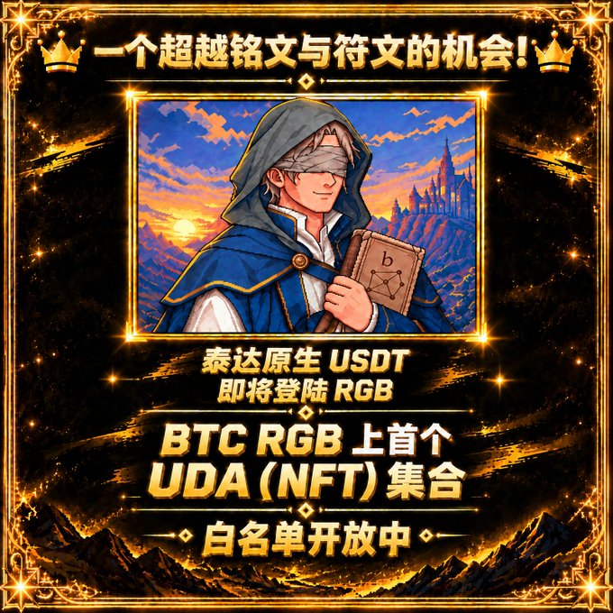 Promotional graphic featuring a hooded anime-style character holding a book, with Chinese text announcing '一个超越铭文与符文的机会!' and promoting the first UDA (NFT) collection on BTC RGB, with whitelist registration open.