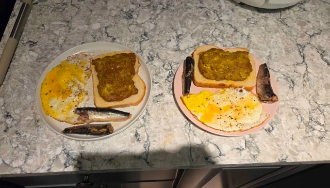 The image shows a dining table with two plates of food, one containing toast and eggs, while the other has toast and fish. There are also some fish visible on the table. The text "I just noticed one thing that hit me hard. I’ve been here since the beginning, grinding quests, checking in daily, and watching the points pile up." is present, which seems to be a reflection of the user's experience with the platform or game they are playing.
The post also mentions that the community allocation is huge and early users have already positioned themselves for the next level.