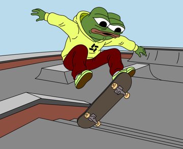 An animated cartoon illustration of a green frog character wearing a yellow hoodie and red pants, performing a skateboarding trick mid-air above a concrete skatepark ledge.
