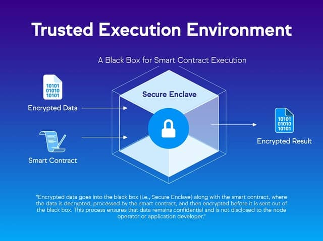An infographic titled 'Trusted Execution Environment' describing it as 'A Black Box for Smart Contract Execution,' showing encrypted data and smart contracts entering a Secure Enclave and an encrypted result exiting.