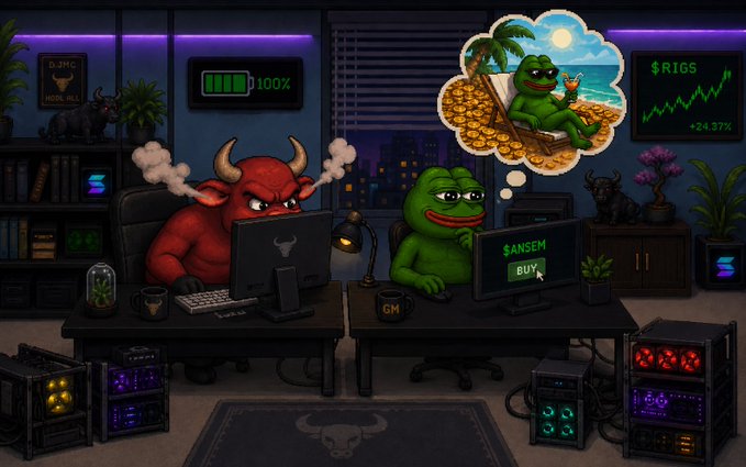 Pixel art illustration of a bull and a frog (Pepe) at computer desks in a trading setup, with the frog thinking of coins on a beach and a screen showing '$RIGS +24.37%' and '$ANSEM BUY'.