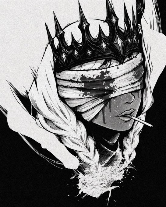 A black and white illustration of a woman wearing a spiked crown and a blindfold, with a cigarette in her mouth and a chain accessory.