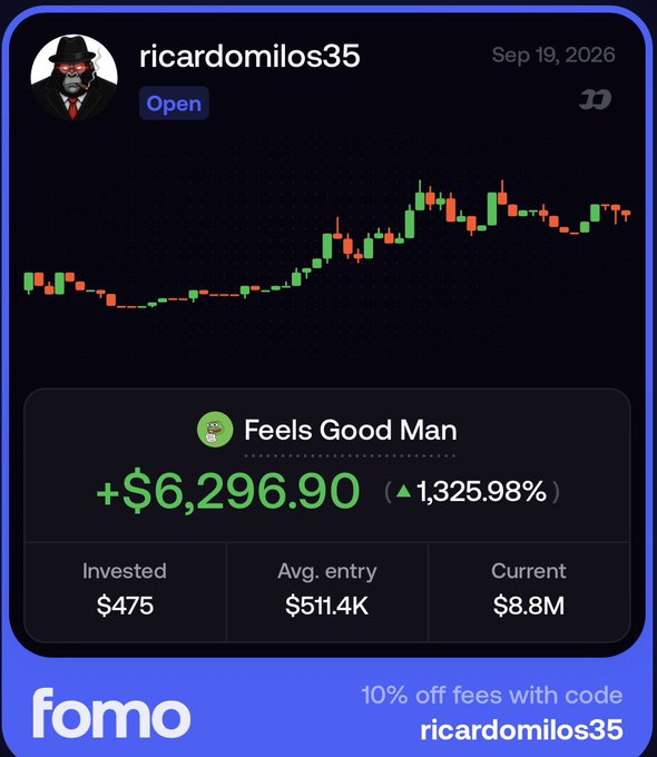 A stock/crypto trading app screenshot from 'fomo' showing user 'ricardomilos35' with a +$6,296.90 (1,325.98%) gain on 'Feels Good Man', invested $475 with current value $8.8M, dated Sep 19, 2026.