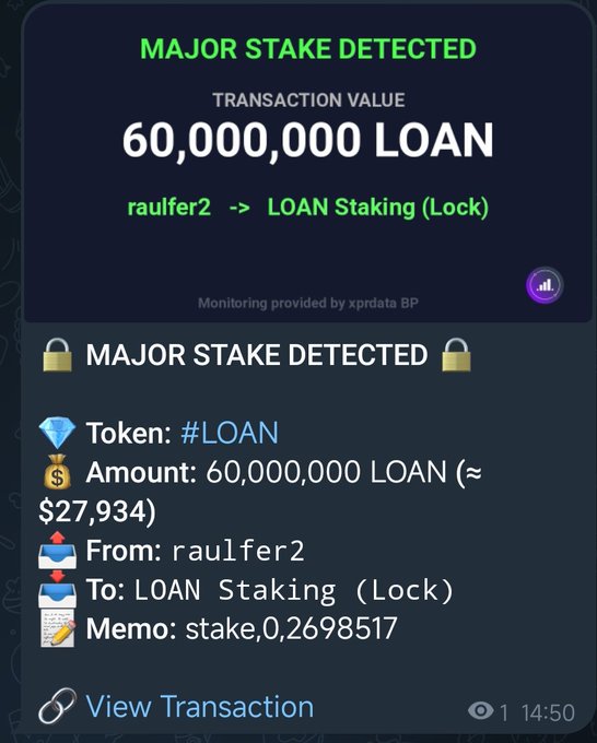 The image has a large number of words written in white text at the bottom which says, "Major stake detected: 60,000,000 $LOAN STAKED Approx. value: $27,934 Catch every major move live with XPRDATA Whale Watcher". The post is about a network called #XPRNetwork and it shows that there's been a huge amount of money being staked by someone, which has raised the maximum amount possible for this kind of transaction, i.e., 60,000,000 dollars.
