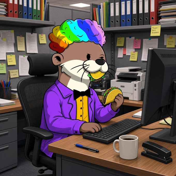 A cartoon illustration of an anthropomorphic sea otter with rainbow-colored hair sitting at an office desk, wearing a purple shirt and black bowtie, and eating a taco while working at a computer.