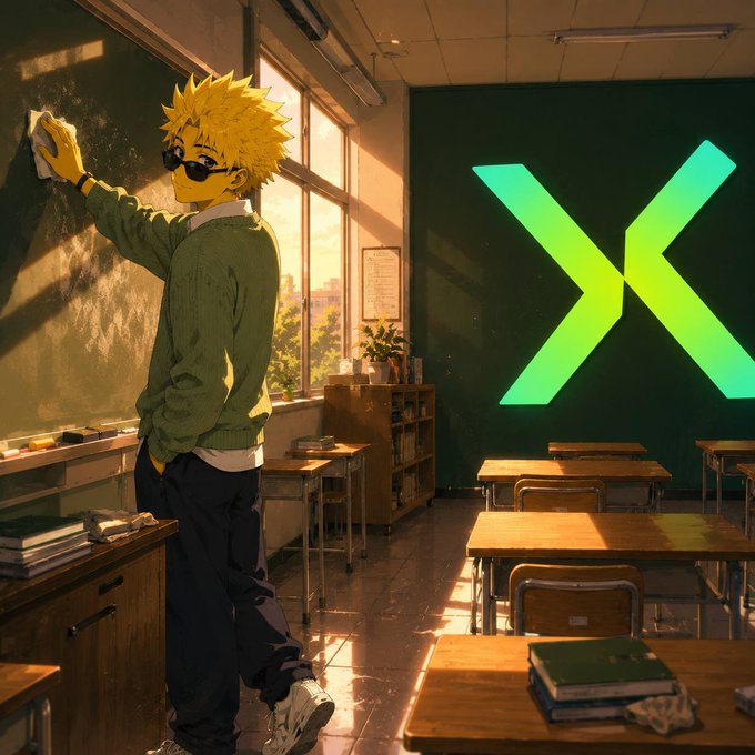 An anime-style illustration of a spiky blonde-haired character in sunglasses and a green sweater erasing a chalkboard in a classroom, with a glowing green X logo on the wall.