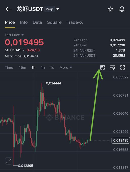 A Binance chart displays the lobster-themed meme coin 龙虾/USDT (Lobster/USDT) perpetual futures pair trading at $0.019495, down 24.53% in 24 hours, with a green arrow highlighting the chart expansion/fullscreen icon. The user's "Long this one." comment suggests a bullish bet on the heavily-declining asset despite the significant daily drop.