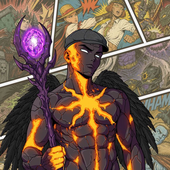 A comic book illustration featuring a muscular dark-skinned character with glowing orange lava veins running through his body, wearing a black cap and feathered cape, holding a purple staff with a glowing gem, set against a backdrop of classic comic panels.