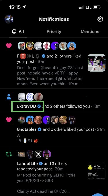 A screenshot of a Twitter/X notifications tab shows that @ExtraVOD (with a verified checkmark) began following the user, while numerous notifications indicate likes and reposts of the user's post about 8notables, mentioning "XRP MOON NOW" and "888" in reference to the Clarity Act deadline.