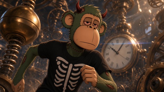 A weary-looking green monkey with small red devil horns, wearing a black t-shirt with a white skeleton ribcage print, stands among an intricate backdrop of gears and a large ornate pocket watch. The image cleverly plays on the post's joke about being an ape who isn't bound by time, with the surrounding clocks and gears visually reinforcing the "time waits for no man" theme.