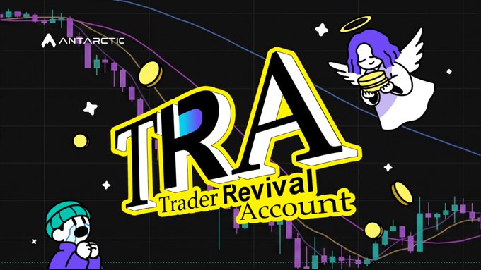 Antarctic's "Trader Revival Account" (TRA) promotional graphic featuring cartoon angels and crypto candlestick charts, highlighting the platform's new initiative that converts 50% of net losses into future trading principal.