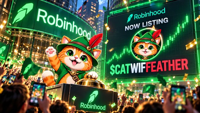 The image depicts a vibrant, Robinhood-themed promotional scene featuring a cartoon cat mascot dressed as Robin Hood alongside digital billboards announcing a fictional "$CATWIFFEATHER" token listing on the Robinhood platform. The scene includes crowd silhouettes, confetti, and prominent Robinhood branding in its signature green color, visually amplifying the post's speculative claim that this meme coin could be the next native listing paired with USDG on Robinhood Chain.