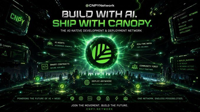 A promotional graphic for CNPY Network featuring the text 'BUILD WITH AI. SHIP WITH CANOPY. THE AI-NATIVE DEVELOPMENT & DEPLOYMENT NETWORK' along with features like AI Agents, Smart Contracts, and Deploy Anywhere, set against a futuristic green digital background.