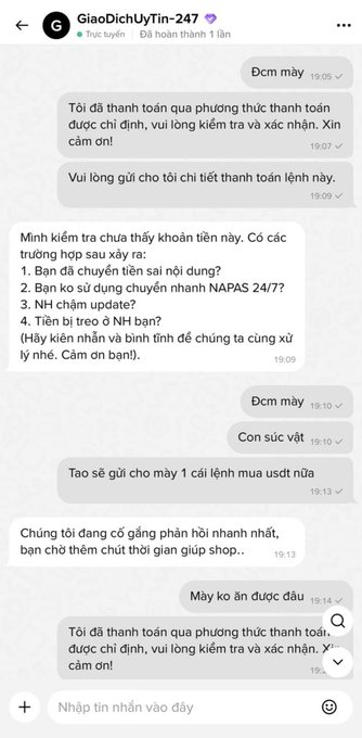 A Vietnamese-language chat conversation between a user and 'GiaoDichUyTin-247' discussing payment issues, account verification, and cryptocurrency trading (USDT), with timestamps from 19:05 to 19:15.