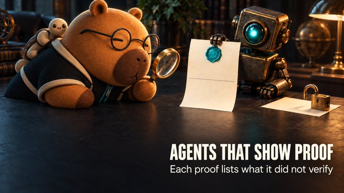 An illustration of a teddy bear with glasses using a magnifying glass next to a robot examining a document, with the text 'AGENTS THAT SHOW PROOF - Each proof lists what it did not verify.'