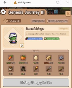 A mobile game screenshot titled "Genesis Journey III" showing an "Emerald Sage" item card with a cooldown time of 20% and farming XP +5% bonus.