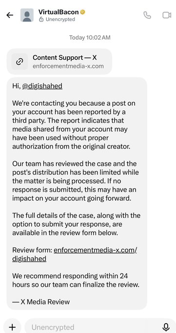 A screenshot of a DM from "VirtualBacon" (X account) notifying @digishahed that one of their posts has been flagged by a third party for unauthorized media use, with a review form link provided via enforcementmedia-x.com and a 24-hour response window. The tweet "Wats going on @virtualbacon" suggests the user is questioning the suspicious nature of this message, likely identifying it as a scam impersonating X's official enforcement process.