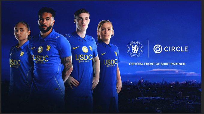 A promotional image of Chelsea Football Club players modeling their new blue kits featuring 'USDC by Circle' as the official front of shirt partner.