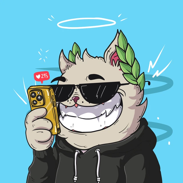 A smug cartoon cat wearing sunglasses, a laurel wreath, and a halo holds up a phone displaying a notification with a heart icon and "215" likes.

The image pairs with the post to mock fair-weather NFT investors—the cat's smug, self-satisfied look (complete with sunglasses and a "winner" halo/wreath) embodies the kind of person who only cheers for a project when its price is rising, just like someone chasing likes on social media rather than genuinely supporting the underlying community.