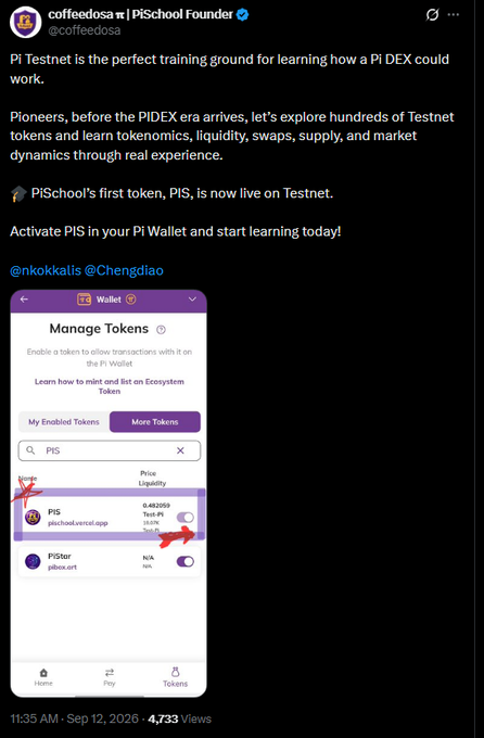 PiSchool founder @coffeedosa announces the launch of PIS, PiSchool's first token on Pi Testnet (1,000,000 total supply), alongside a screenshot of the Pi Wallet "Manage Tokens" interface showing PIS enabled with a toggle switch.