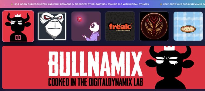 Promotional banner for 'BULLNAMIX COOKED IN THE DIGITALDYNAMIX LAB' featuring meme coin icons including a devil bull, gorilla, panda, 'freak', a flame emblem, and a pizza coin, with text about growing an ecosystem and earning rewards through Digital Dynamix.