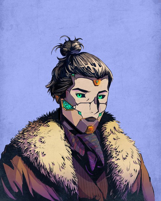 A stylized illustration of a character with green cybernetic eyes, facial panels, a topknot hairstyle, and a fur-collared coat against a blue background.