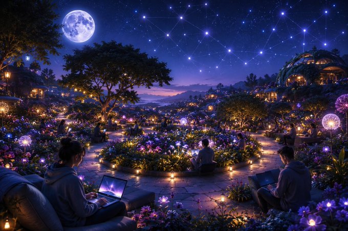 A magical nighttime garden glows with bioluminescent flowers under a full moon and constellation-linked sky, where people sit with laptops among lantern-lit pathways, reflecting the post's theme of winding down after a day of learning, building, and connecting. The serene scene mirrors the message's closing "Good night" sentiment, symbolizing a peaceful end to a productive day of collaboration and growth.